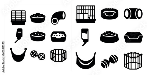 Pet accessories silhouette icons set – flat, solid, animal care symbols
