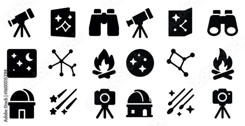 Astronomy and stargazing solid icons set – silhouette, filled, celestial symbols