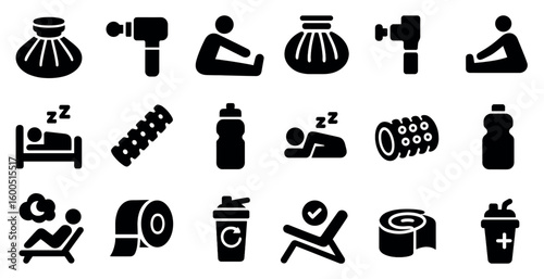 Fitness and relaxation solid icons set – flat, filled, wellness and exercise symbols