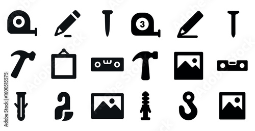 Construction and tools solid icons set – flat, filled, building and repair symbols
