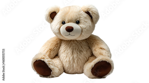 Fluffy cream colored teddy bear toy isolated on transparent background