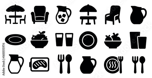 Dining and kitchen silhouette icons set – flat, filled, culinary and utensils graphics