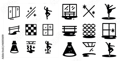 Dance and movement silhouette icons set – solid, figures, ballet and fitness symbols