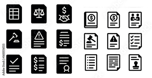 Business and finance outline icons set – linear, solid, document and contract symbols