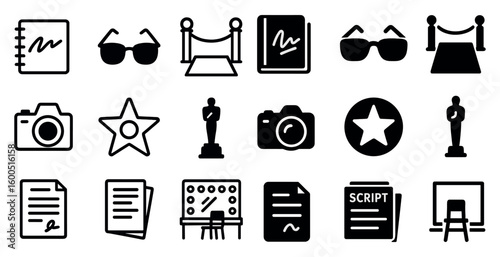 Film and cinema icons set – silhouette, filled, movie and entertainment symbols