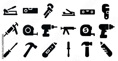 Construction tools solid icons set – filled, repair and diy equipment symbols