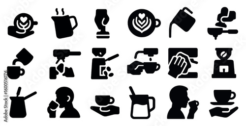 Coffee brewing silhouette icons set – solid, filled, café and espresso symbols