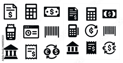 Finance and accounting icons set – solid, filled, banking and money symbols