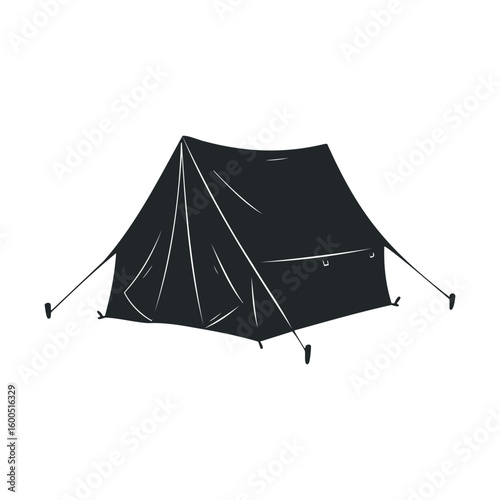 Illustration of a black camping tent with stakes on white background