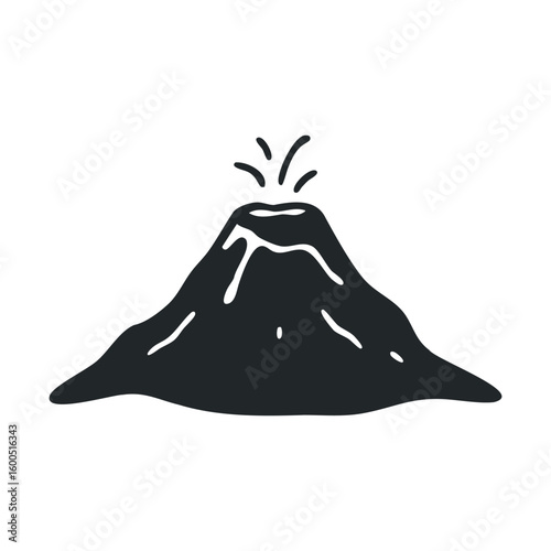 Black and white illustration of erupting volcano with lava