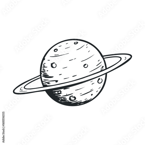 Hand-drawn planet with rings and craters in space illustration