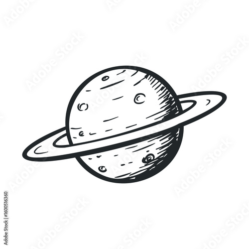 Hand-drawn saturn with rings illustration in black and white