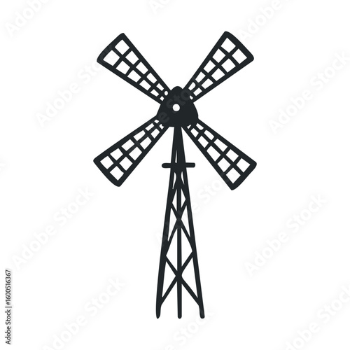 Silhouette of a traditional windmill with geometric blades on white background