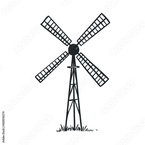Monochrome vintage windmill illustration with grass base and open blades