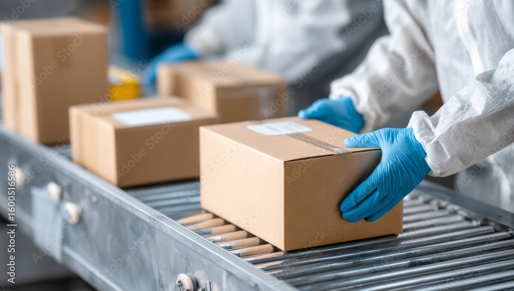 At a pharmaceutical facility, a worker donning protective gear is tasked with placing sealed boxes onto a conveyor belt, facilitating distribution and contributing to the quality assurance process At a pharmaceutical facility, a worker donning protective gear is tasked with placing sealed boxes onto a conveyor belt, facilitating distribution and contributing to the quality assurance process