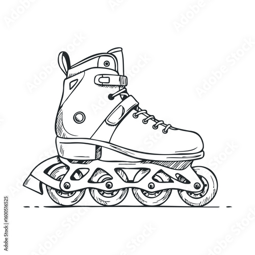 Detailed black and white illustration of inline skate roller blade