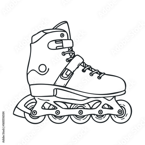 Monochrome inline skate illustration with five wheels and lace-up design