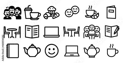 Cafe and dining linear icons set – outline, food and drink symbol collection