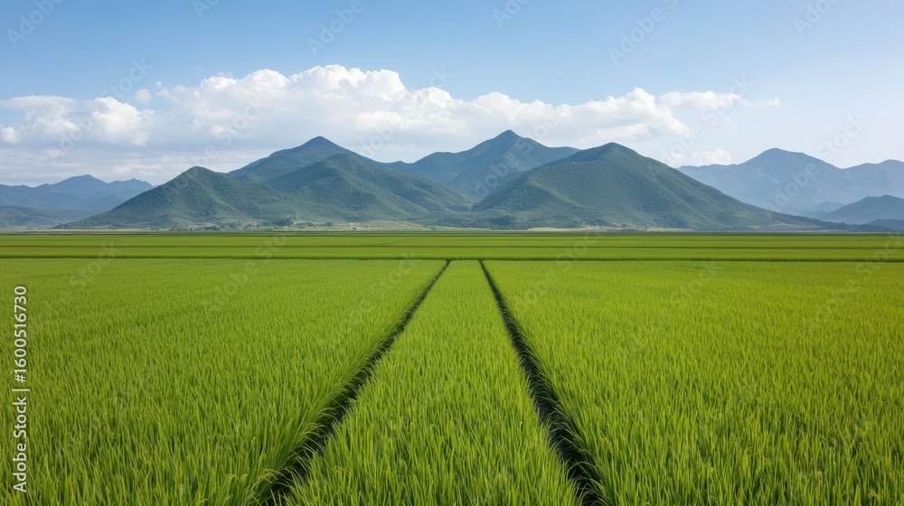 Fototapeta premium Views of Southeast Asian Rice Fields Concept. Lush Green Rice Field Under Bright Sky with Mountains in the Background