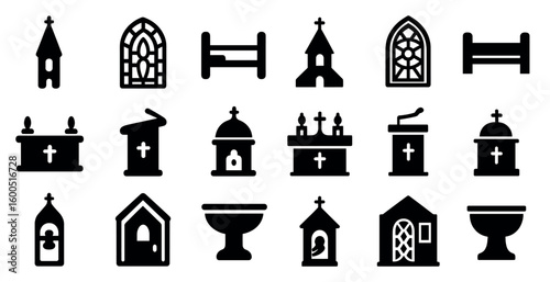 Church and religion silhouette icons set – solid, sacred, worship symbols