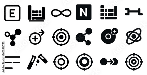 Science and technology solid icons set – filled, molecular, lab symbols