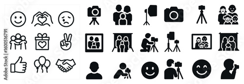 Photography and portrait solid icons set – camera, family, smile symbols