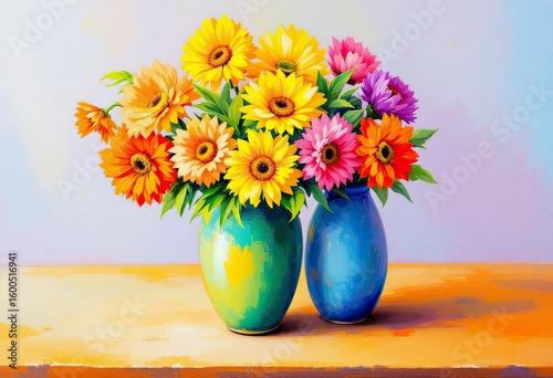 Bright gerbera flowers arranged in two bright ceramic vases on a wooden surface with a pastel background, painted in an artistic style.  