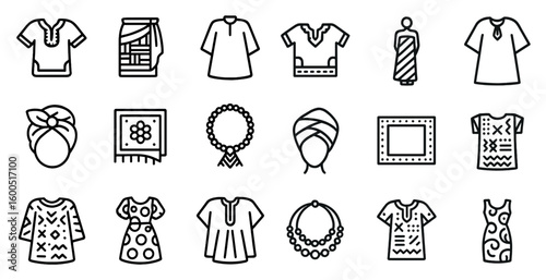 Traditional clothing linear icons set – garment, outfit, cultural symbols