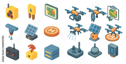 Agriculture technology isometric icons set – innovative, farming tools and smart devices