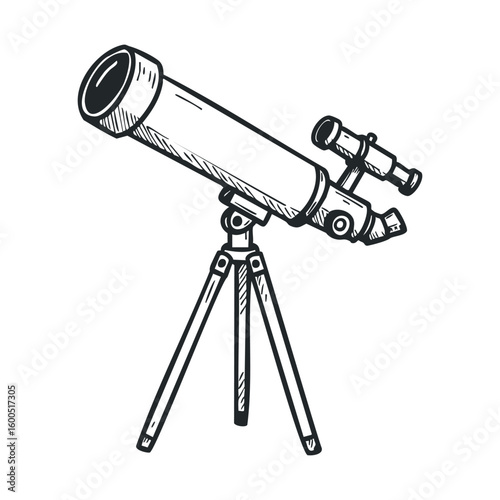 Hand-drawn telescope illustration on tripod for astronomy enthusiasts