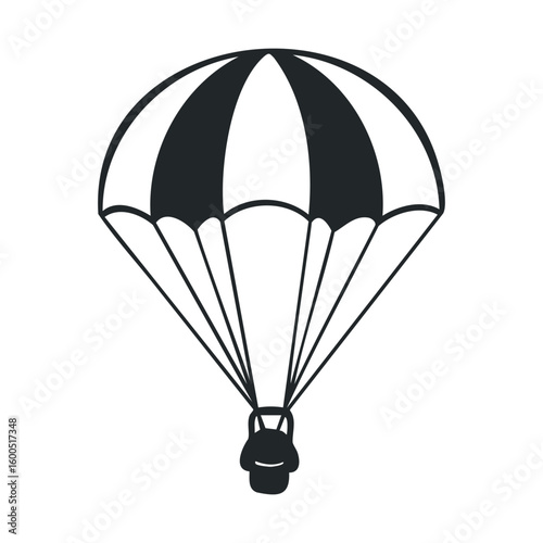 Black and white parachute icon with parachutist in silhouette