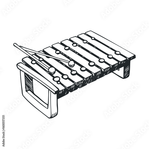 Hand-drawn xylophone with mallets on white background