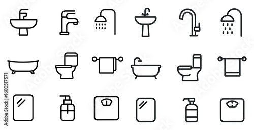 Bathroom line icons set – outline, plumbing, fixtures and sanitary symbols