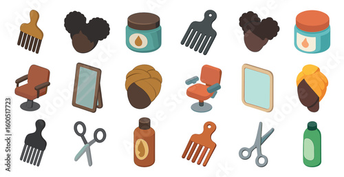 Hair care and salon isometric icons set – beauty, grooming, and style essentials