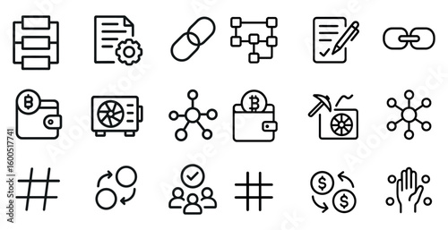 Blockchain and cryptocurrency line icons set – outline, transaction, tech symbols