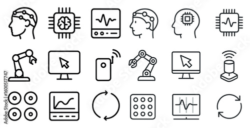 Artificial intelligence line icons set – flat, linear, machine learning symbols