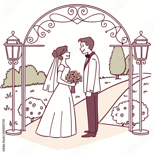 Wedding celebration: A loving bride and groom in a beautiful dress and suit, walking through a park