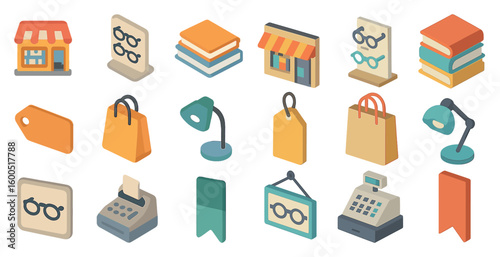 Retail and shopping icons set – isometric, visual, commerce and store design tools