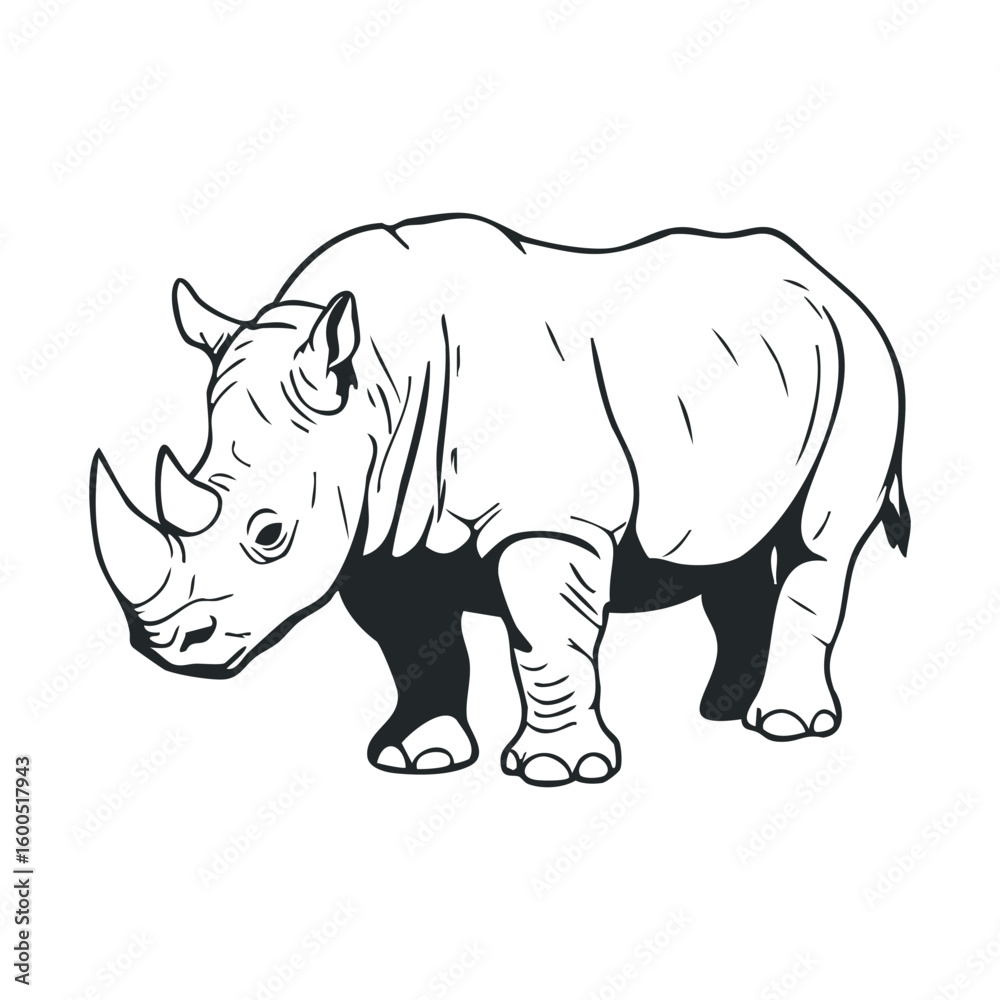 Fototapeta premium Black and white illustration of african rhinoceros side view