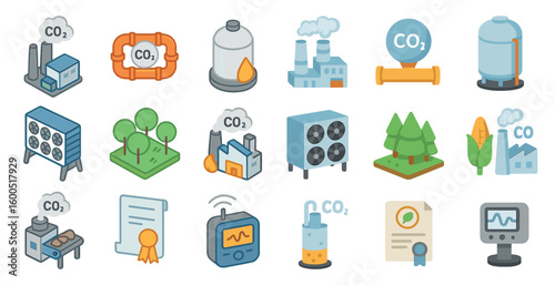 Carbon emissions flat icons set – eco, environment and air pollution symbols