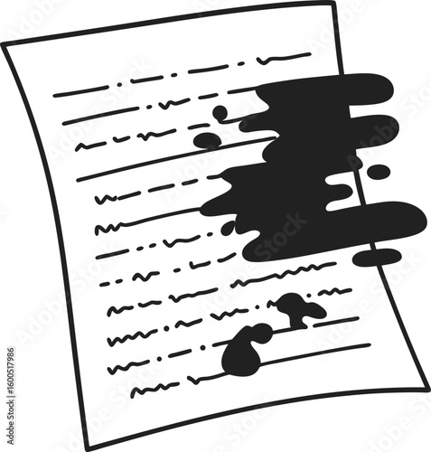Confidential document with black redactions and ink blots sensitive information hidden, official privacy and secrecy concept