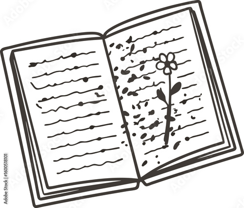 Open book with handwritten pages and pressed flower illustration vintage diary, botanical memory, nostalgic journal symbolism