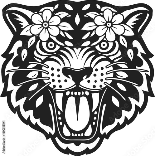 Floral decorated roaring tiger head illustration black and white wild animal art with symmetrical flowers and tribal decoration