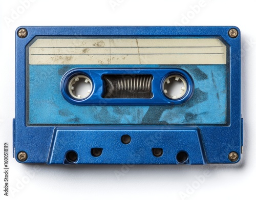 The image depicts an audio cassette tape from the top, set against a white backdrop, incorporating a retro black and white design that recalls the vintage tapes used in old stereo music players,