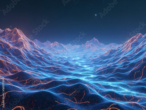 Futuristic Digital Terrain Landscape with Glowing Wireframe Grid