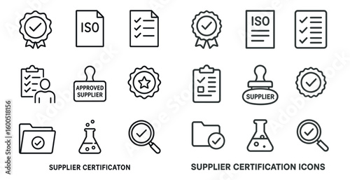 Supplier certification icons set – outline, iso, approved supplier symbols