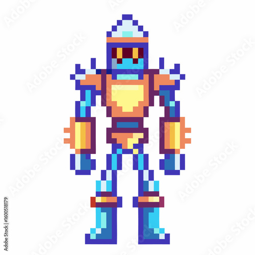 Retro pixel art robot character in blue and orange colors standing upright, vintage 8 bit video game style, isolated
