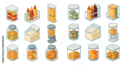 Pantry organization icons set – isometric, storage, food container visuals