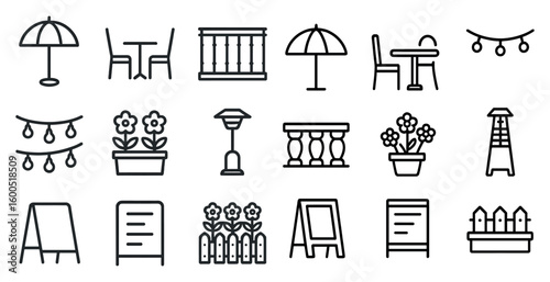 Garden and patio outline icons set – linear, outdoor, landscaping symbols
