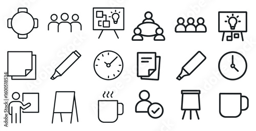 Business meeting outline icons set – flat, linear, corporate and teamwork symbols